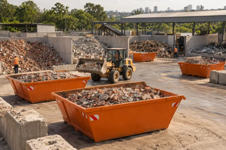 Pátio de triagem com resíduos de construção separados por tipo de material.