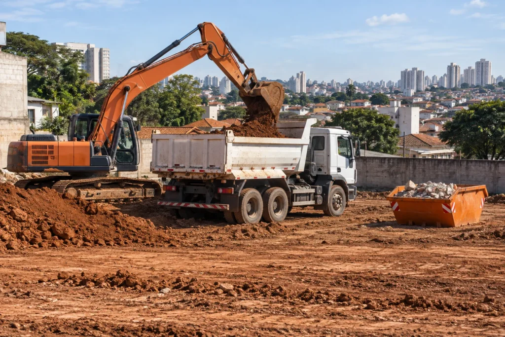 Escavadeira carregando terra em caminhão em terreno urbano.