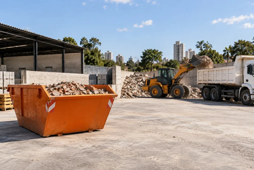 Caçamba estacionária e equipamentos para retirada de entulho a granel em pátio de obra.