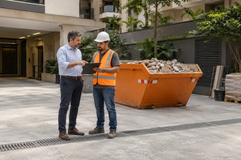 Responsável pelo condomínio e profissional de obra combinando a coleta de entulho.