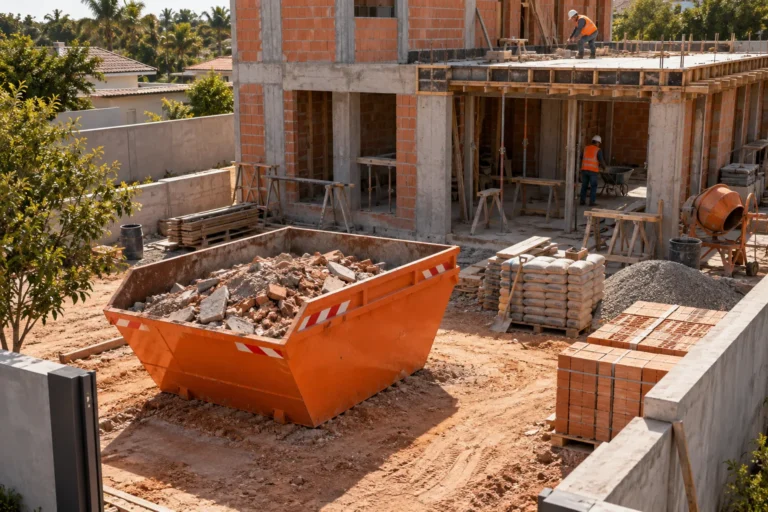 Canteiro de construção com caçamba em área organizada para retirada de resíduos.