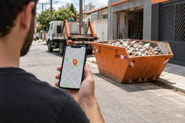 Celular com mapa de localização e caçamba na rua ao fundo.