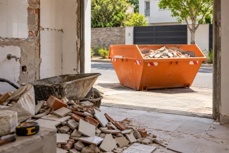 Reforma residencial com restos de revestimento e caçamba do lado de fora.