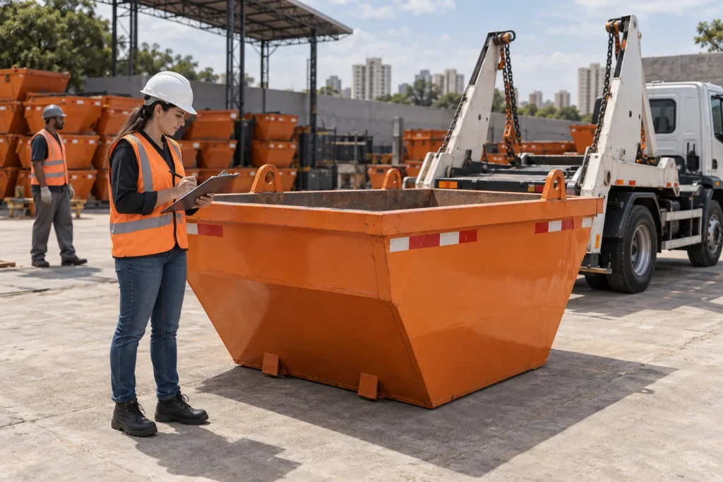 Profissional inspecionando equipamentos de uma empresa de caçambas.