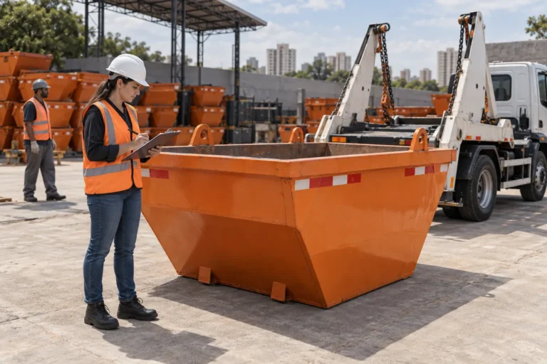 Profissional inspecionando equipamentos de uma empresa de caçambas.
