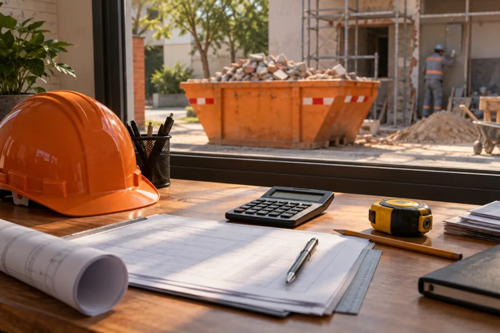Calculadora, orçamento e capacete em mesa com caçamba ao fundo.