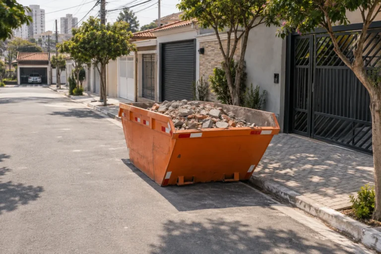 Caçamba posicionada junto ao meio-fio em rua de casas, com calçada livre.