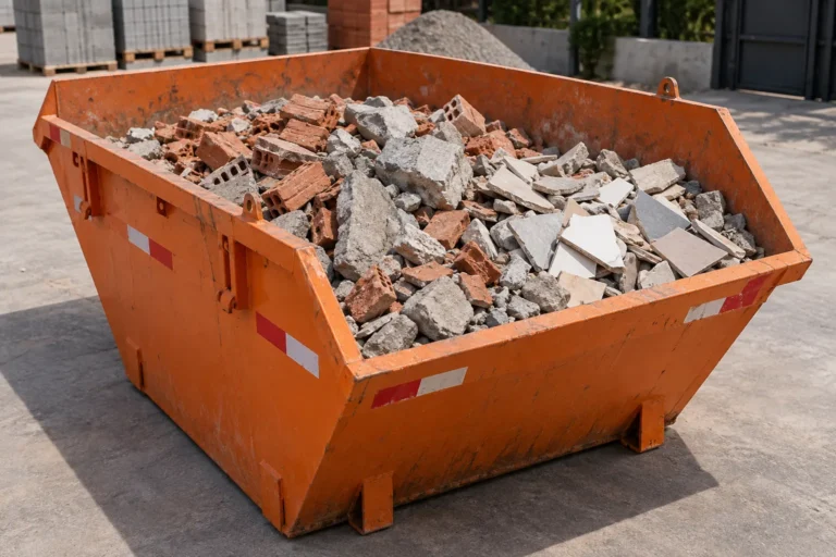 Caçamba com fragmentos de tijolo, concreto e cerâmica separados de outros resíduos.