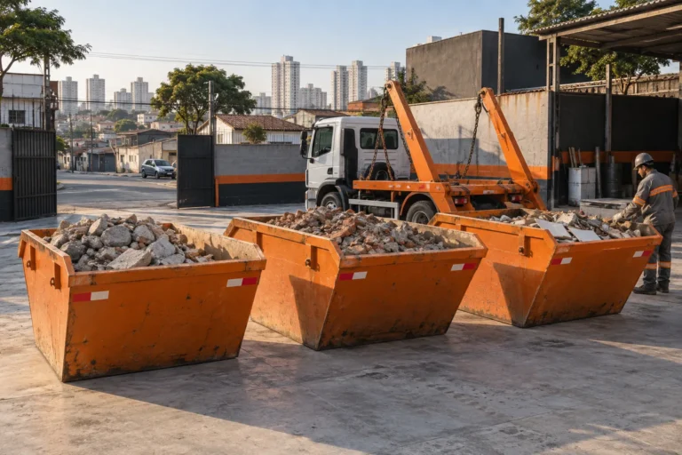 Caçambas alinhadas em pátio com caminhão de coleta ao fundo.