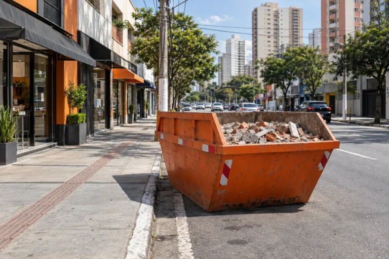 Caçamba laranja junto ao meio-fio em rua comercial com prédios ao fundo.