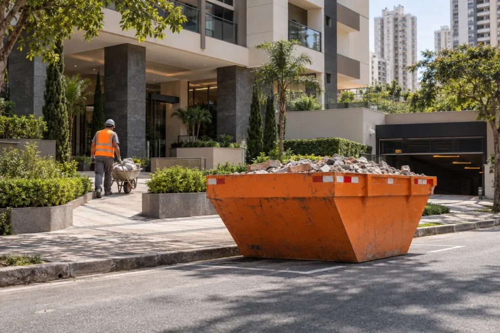Caçamba em frente a condomínio residencial e trabalhador transportando entulho.